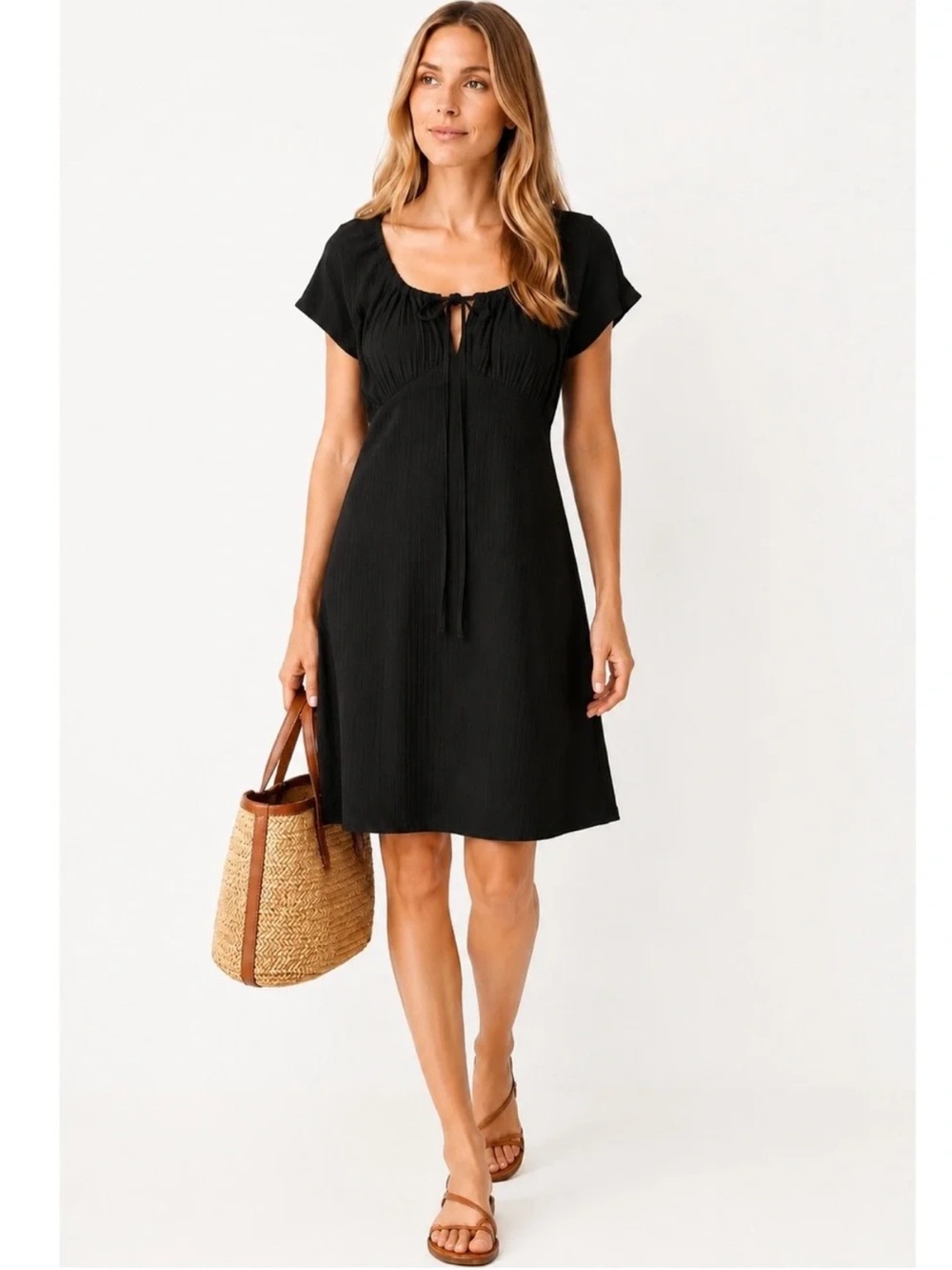 Livi by Olivia Rae Scoop With Keyhole Tie Neckline Black Ribbed Dress Medium